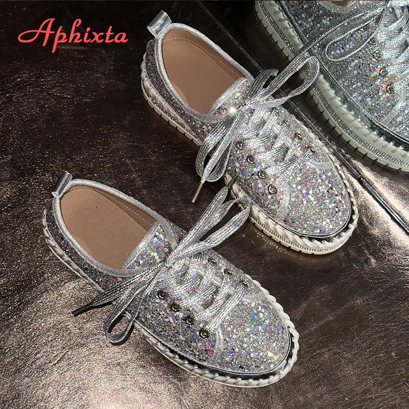 Aphixta 2025 New Sequined Lace Up Shallow Woman Shoes Silver Loafers Spring Woman Shoes Sewing Casual Shoes For Woman