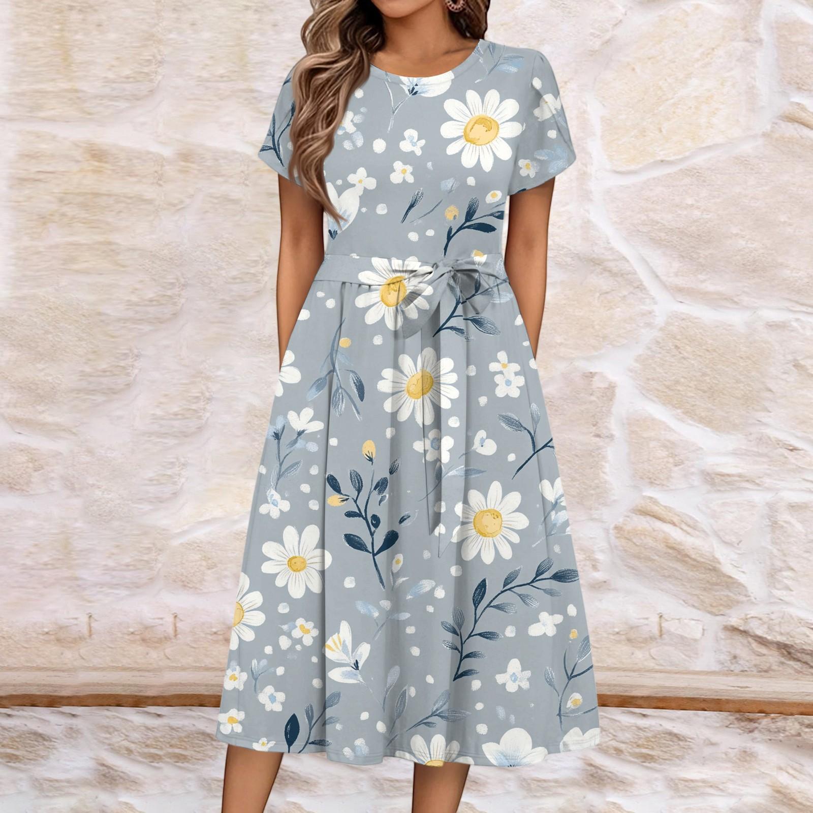 

Женское летнее повседневное платье миди с цветочным принтом и круглым вырезом, классическое повседневное свободное платье с коротким рукавом XXL