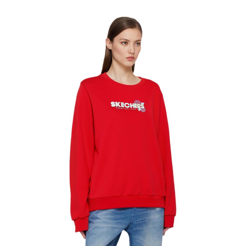 Skechers New Year Series Letter Print Round Neck Casual Sports Pullover Sweatshirt Women Sweatshirt Racing-Red L122W072-001W