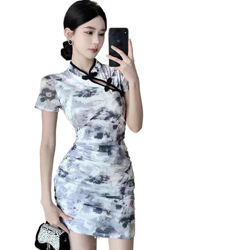 Retro Batik Graffiti Cheongsam Kleid mit Froschknöpfen - Damen Sommer Schlanke Taille Kurzer Rock
