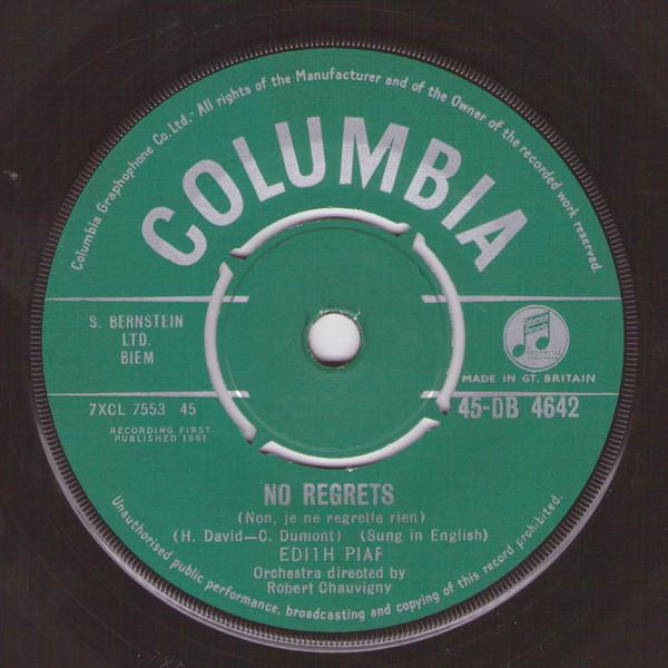 

7inch Record EDITH PIAF - No Regrets 45DB4642 Columbia 1963 UK Pop Used