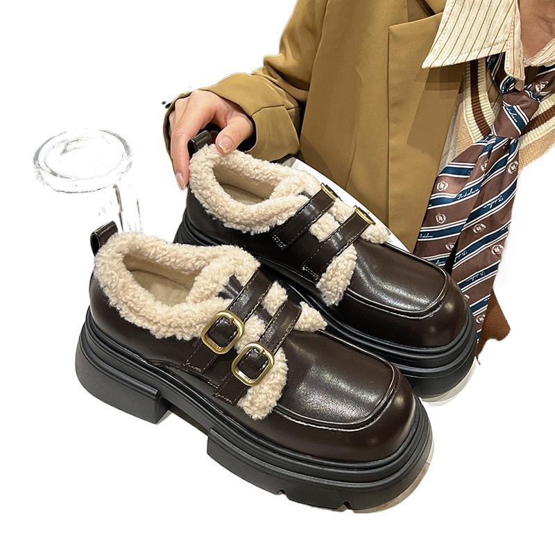 Black Velvet Platform Small Leather Shoes Women'S British Style Autumn And Winter One-Pedal Loafers Mary Jane Shoes