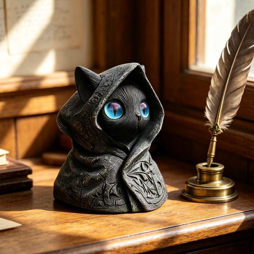 Hooded Cloak Cat Sculpture 3D Printed Cat Ornaments Cute Animal Mystical Cat Statue  Home Decor