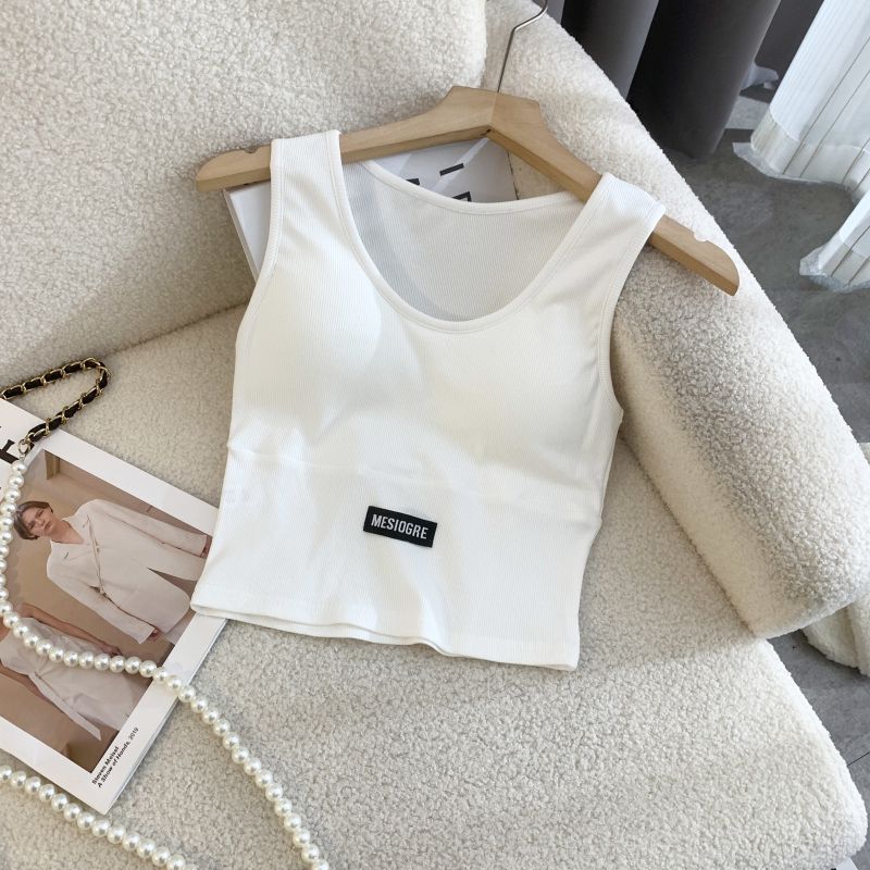 K-style Fashion round Neck White Beauty Back Short Small Sling Sleeveless Vest with Chest Pad Inner Wear Black Primer Outwear