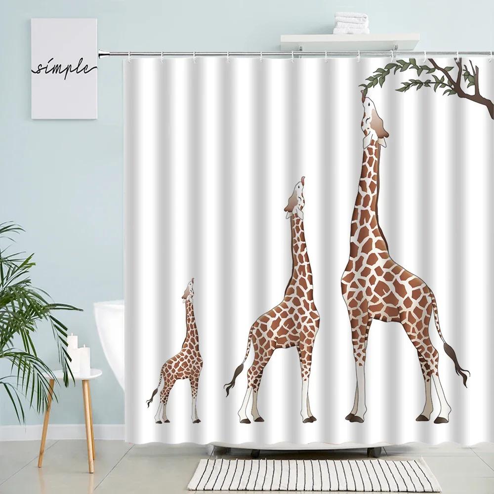 Roliga Giraffduschdraperier Afrikanska Vilda Djur Modern Nordisk Minimalistisk Tyg Barnbadrumsdraperi Dekor med Krokar
