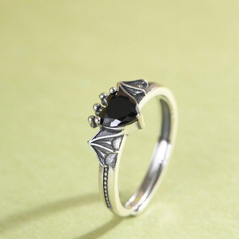 Adjustable Vintage Gothic Bat Wing Heart Zircon Ring Women Men Copper Statement Jewelry