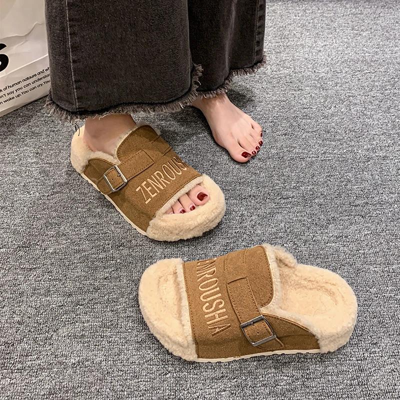 Fashion Women Fur Platform Slippers Suede Warm Flat Shoes Trend Winter New Flip Flops Casual Fashion Cotton Zapatillas Mujer Hot Selling