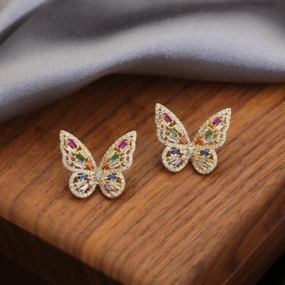 Exquisite Full Diamond Color Zircon Butterfly Stud Earrings Fashion Temperament Celebrity Earrings High-End Light Luxury Earrings Women