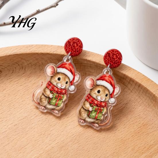 Christmas Mouse Earrings 1 Pair Cute Acrylic Earrings, 2D Flat Cartoon Animal Dangle Holiday Party Accessories Drop for Women, Glitter Star