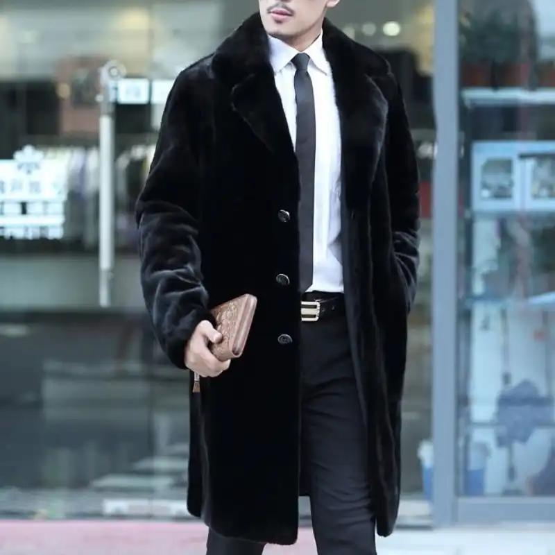 Pánský luxusní hnědý kabát z umělé norkové kožešiny, dlouhý, s klopami, teplý zimní kabát