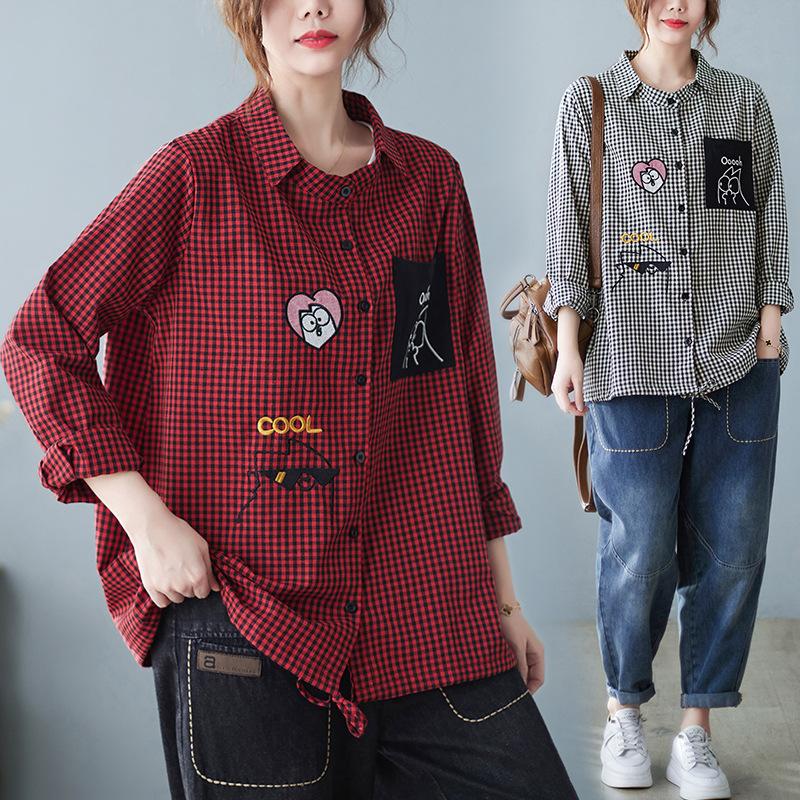Lente Koreaanse Losse Geruite Kraag Lange Mouwen Shirt Dames