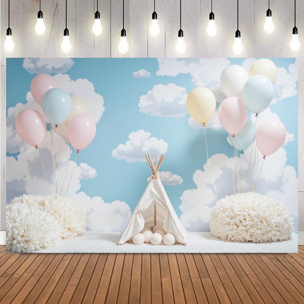 Cute Doll Bear Theme Backdrop Blue Sky Soft Cloud Hot Air Balloon Newborn Baby Shower Birthday Party Decor Photo Background18