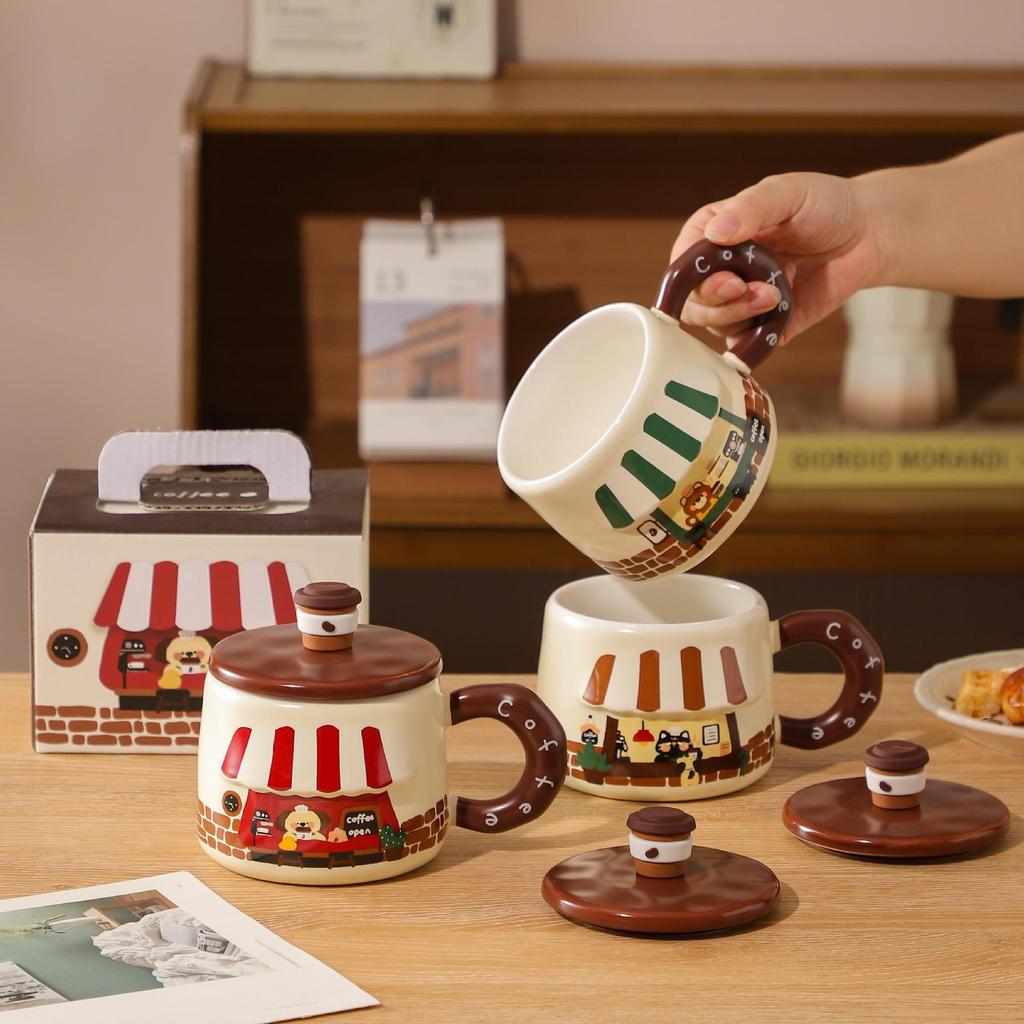Creative Cartoon Ceramic Mug with Lid High Value Embossed Mug Student Gift Water Cup Home Cute Breakfast Cup