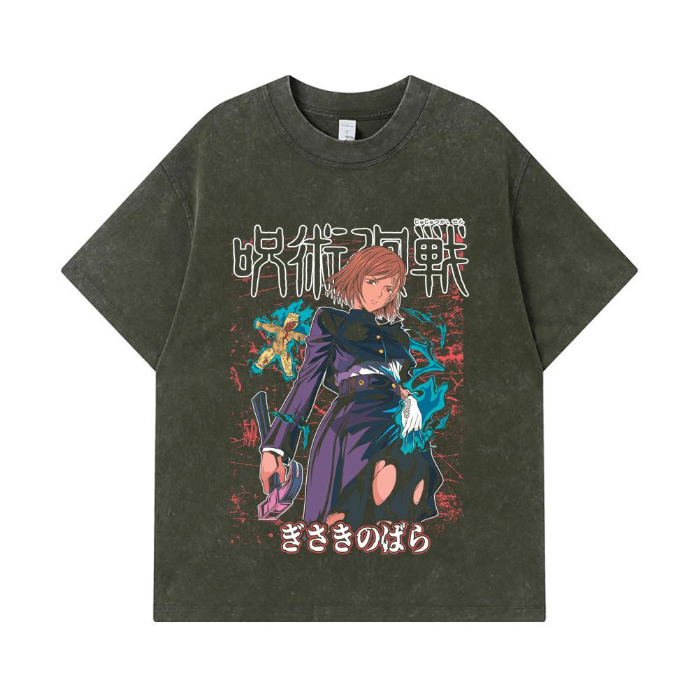 

275 GSM Washed T-shirts 100% Cotton Jujutsu Kaisen V37 Nobara Print Unisex Heavy Cotton T Shirt S армия зеленый