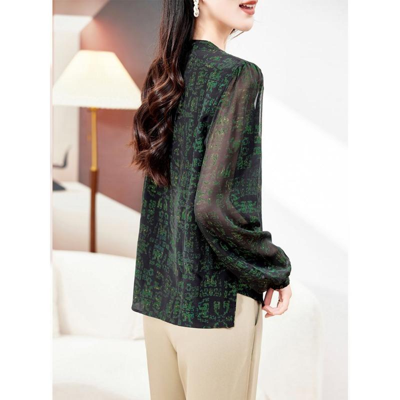 Spring Autumn New Style Loose Stand Collar Printed Shirt Fashion Simple Long Sleeve Top for Women
