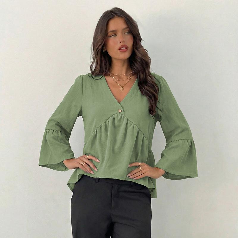 women s Green V Neck Peplum Blouse Flare Long Sleeve Casual Babydoll Shirt S