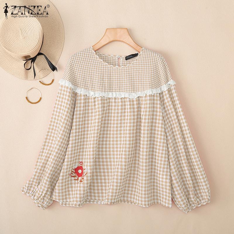 ZANZEA Women Casual Round Neck Long Sleeve Plaid Print Blouse
