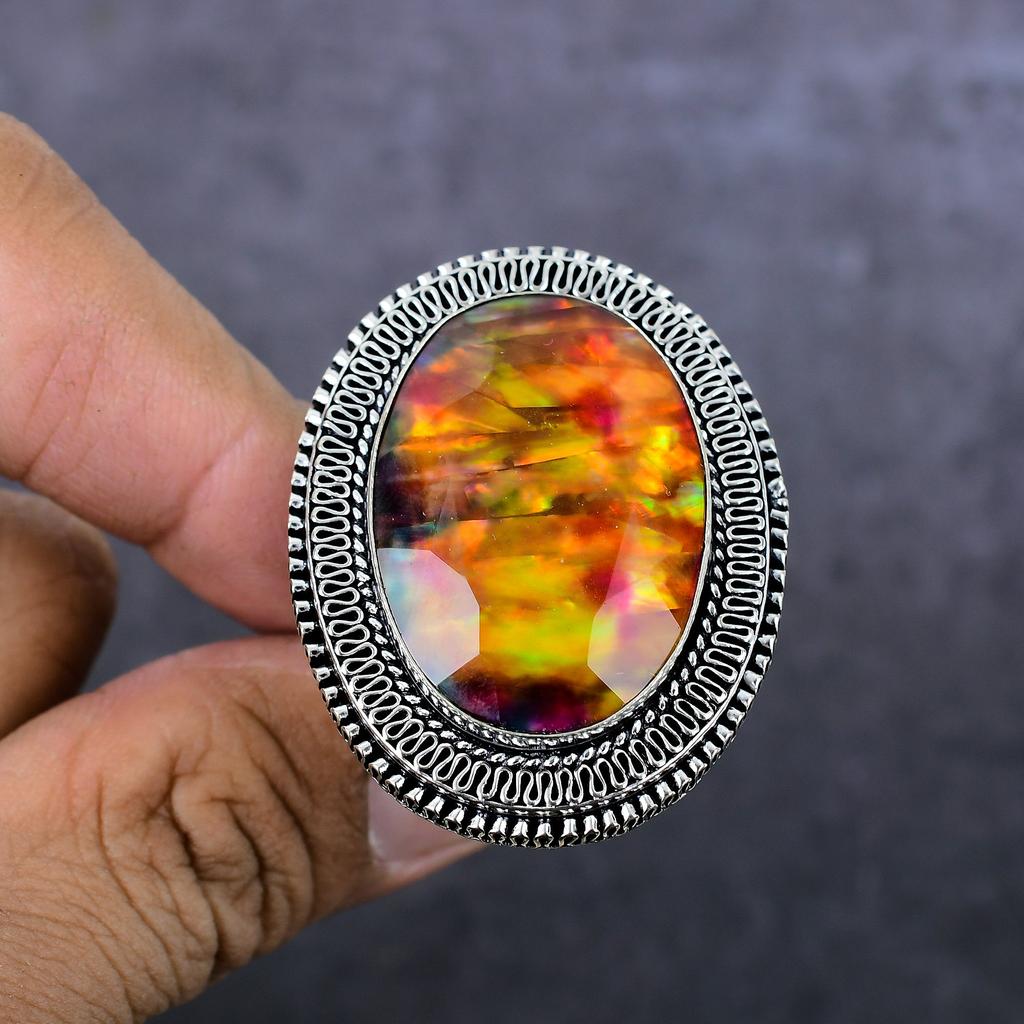 Ammolit Drahokam Ručně vyráběný Šperk Prsten ze Sterlingového Stříbra 925 Velikost 8 Z1e68