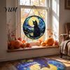 Unique Birthday Gift for Her Halloween Moon Black Cat Suncatcher Jigsaw Puzzle, 2D Acrylic Mystical Feline Window Hanging Tiffany Style Light