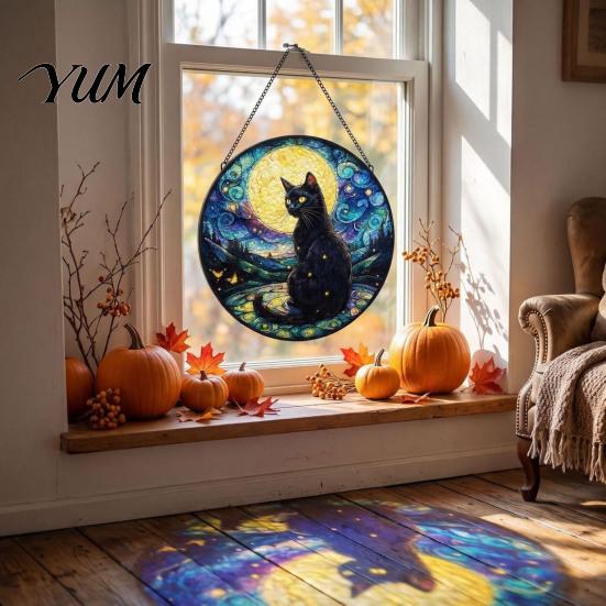 Unique Birthday Gift for Her Halloween Moon Black Cat Suncatcher Jigsaw Puzzle, 2D Acrylic Mystical Feline Window Hanging Tiffany Style Light