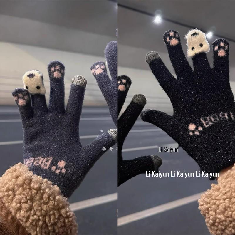 Women's Cute Winter Touchscreen Wool Knit Gloves - Velvet Lined, Cold-Proof for Cycling and Daily Wear