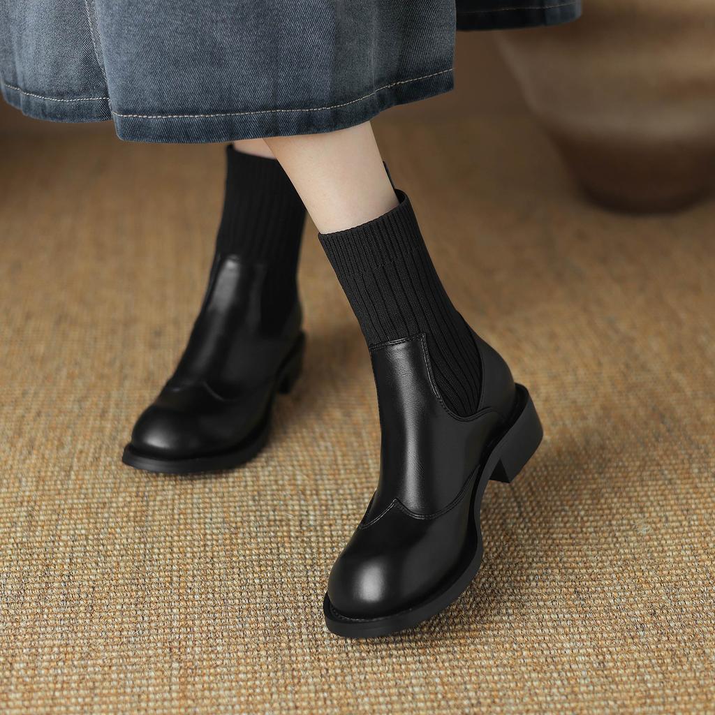 Krazing Pot Microfiber Autumn Winter Shoes Thick Med Heels Size 43 Chelsea Boots Back Knitwear Stretch Ankle Boots