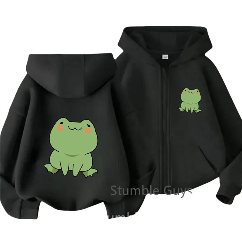 Simple Blush Green Frog Front Back Graphic Zip Up Hoodie For Kids Boys Girls Long Sleeve Soft Cute Cartoon Casual Autumn Jacket