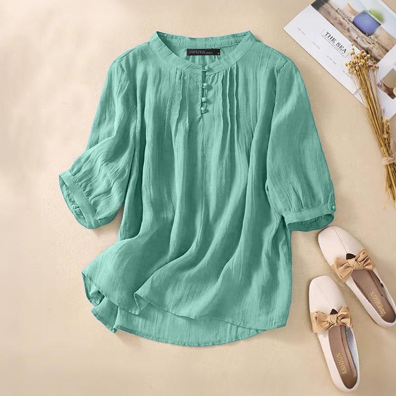 

ZANZEA Женская летняя блузка с круглым вырезом, повседневная, с рукавом до локтя 5XL циан