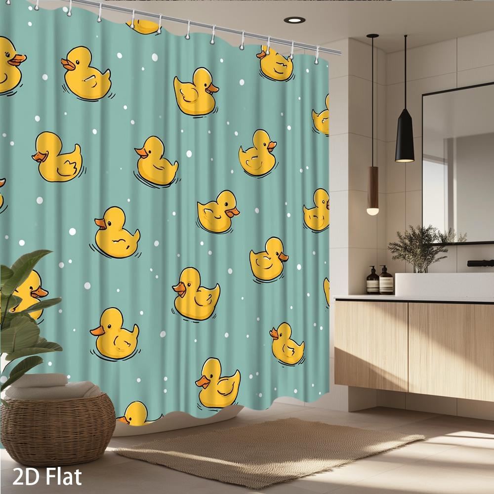 1 Stück Gelber Enten-Duschvorhang – Blauer Hintergrund, 2D-Flachdruck, Schimmelresistentes Polyester, 72"X72", Mit 12 Haken