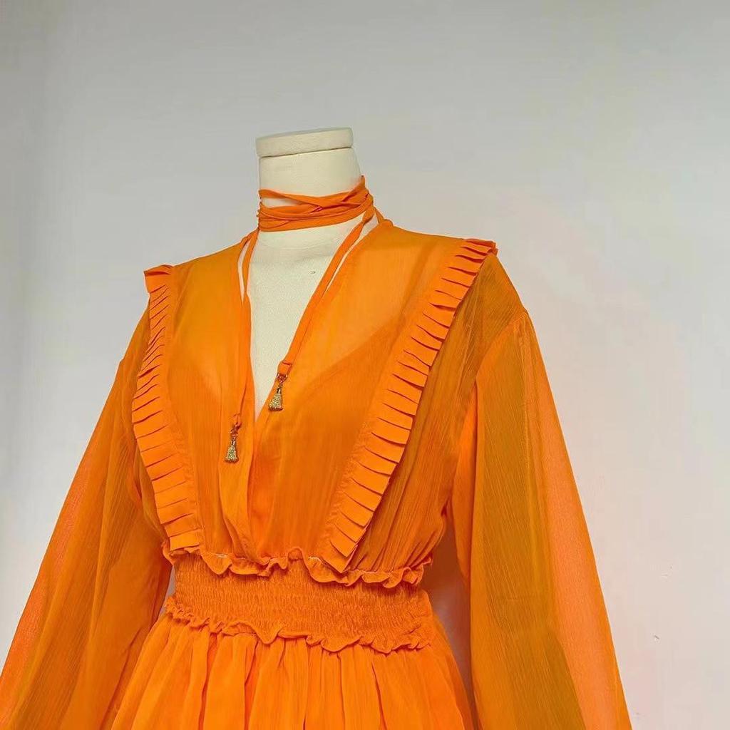 2023 Autumn Chiffon Ruffle Layered Long Dress for Women