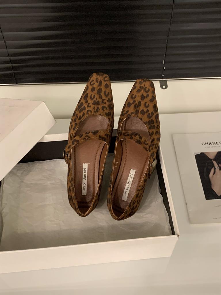 Coarse Heel Leopard Print Mary Jane Single Shoes Women's Shoes 2025 New Spring and Autumn French Square Head Versatile Red Evening Shoes