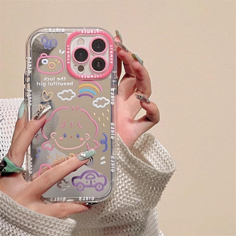 Cute Graffiti Girl Phone Case IPhone 17 16 Pro Max 14 13 Soft Silicone Cover Anti-Slip Shockproof Mirror Finish