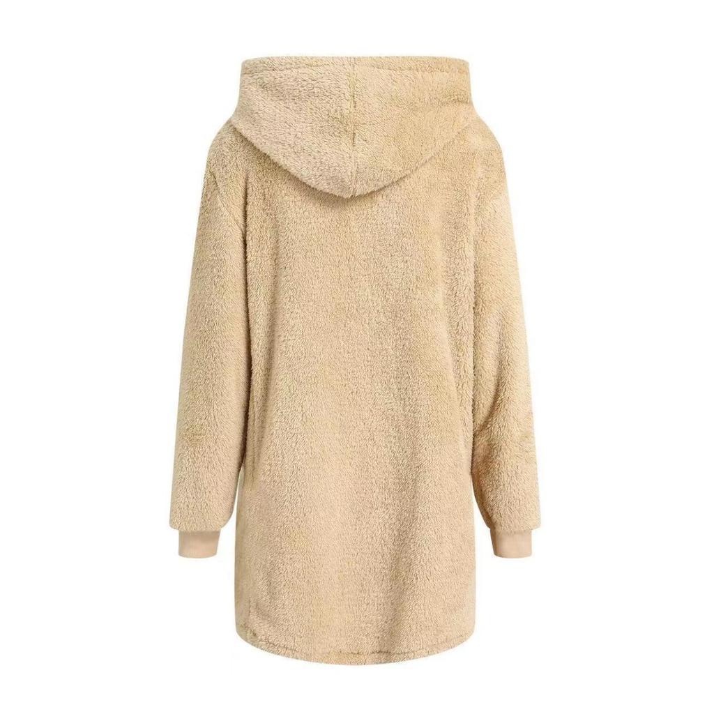 Winter New Loose Fuzzy Plush Women's Long Sleeve Hooded Zip Up Cardigan Coat for Europe America