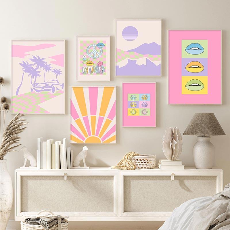 Retro Lippen Galerie Wanddrucke Trendige Sonnenuntergang Bunte Bilder Boho Rosa Ästhetik Ausgefallenes Leinwandgemälde für Wohnheim Teenagerzimmer Dekor