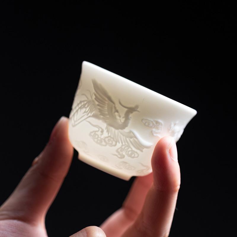 Suet Jade White Porcelain Relief Teacup Master Cup Dragon and Phoenix Cup Personal Single Cup Vegetarian Fired Kung Fu Ceramic Handmade Tea
