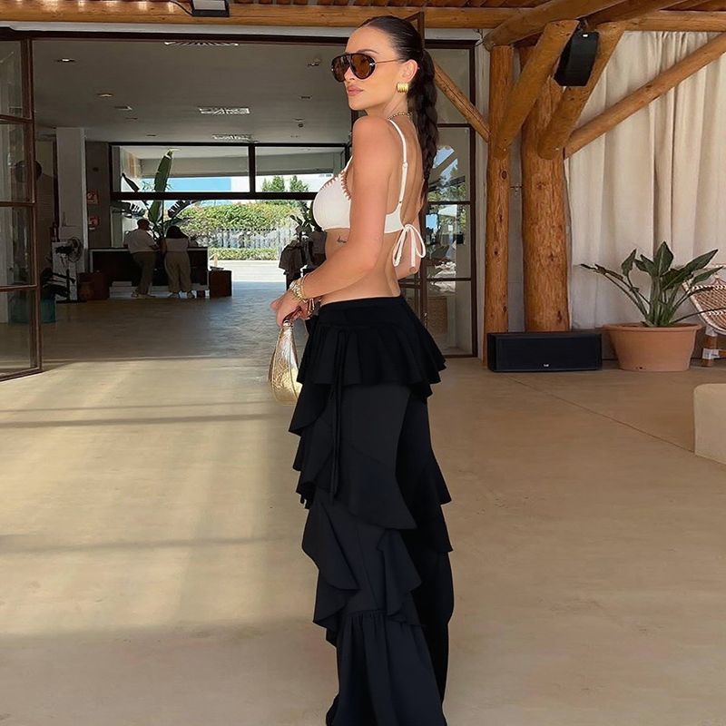 

# Sisjuly# French style Art Department Loose Irregular Stacking Perspective Casual Pants Women Drawstring Bandage Trousers Black L