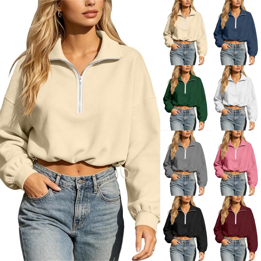 Women's Casual Pullover Sweatshirt Half Zip Collar Long Sleeve Loose Fit Drawstring Hem Lightweight Top