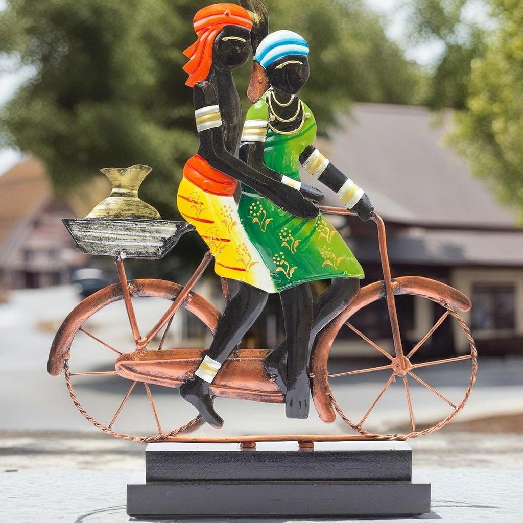 Handcrafted Ethnic Tribal Bicycle Couple Showpiece - 16x13 Inch Tribal Home Décor with Wooden Base for Housewarming, Anniversaries