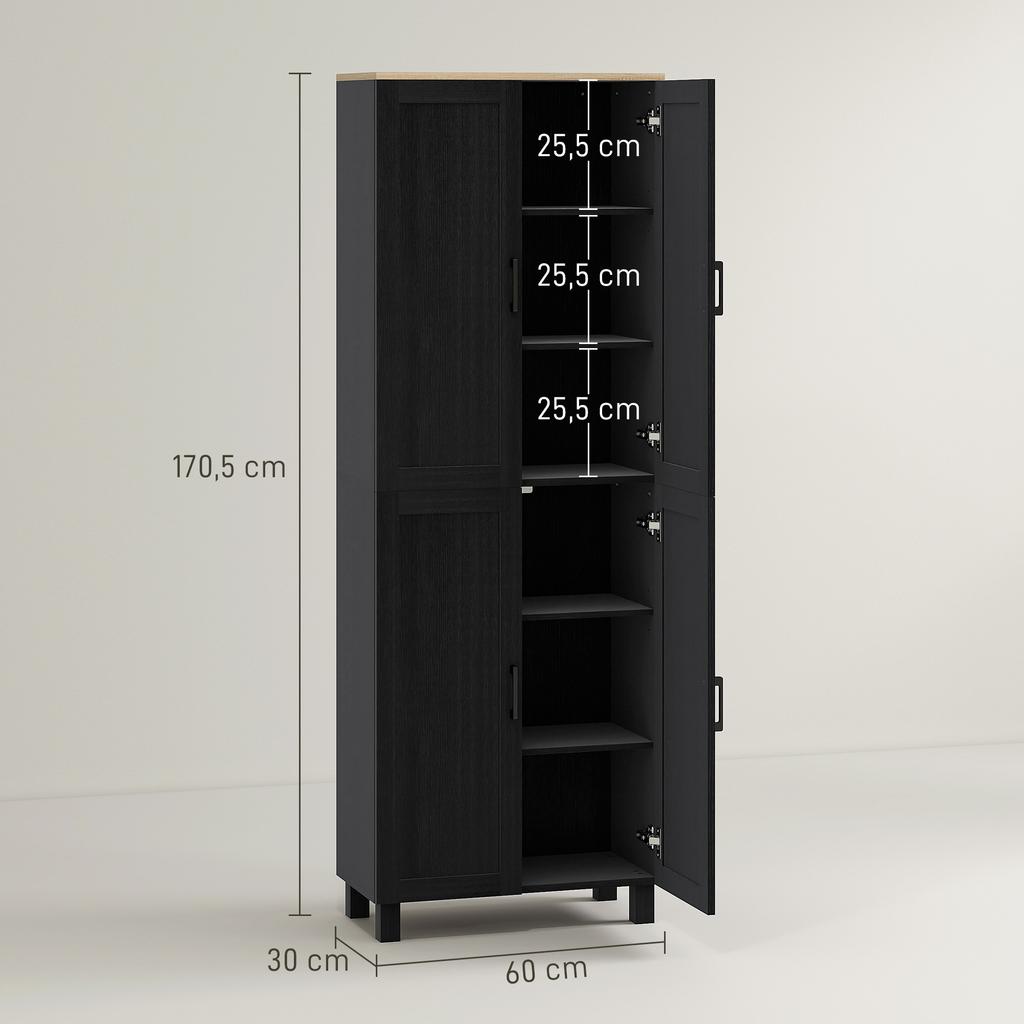 Freestanding Kitchen Cupboard, 4-Door Storage Cabinet with Adjustable Shelves, Modern Kitchen Pantry, 170cm, Black