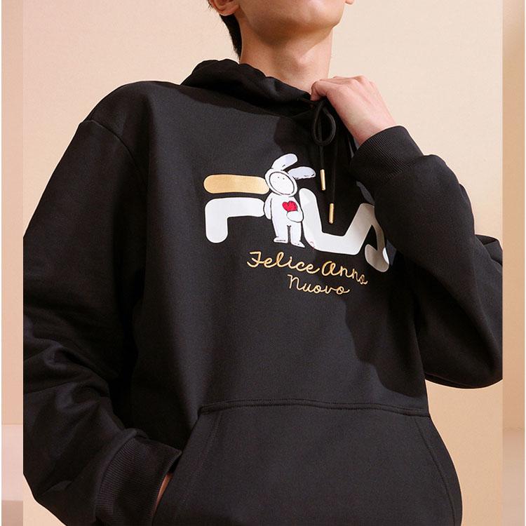 Fila CNY Fuzi Rabbit Co-Branded Series Logo Letter Pattern Print Loose Casual Knit Hoodie Unisex Tops Black F11U319205F-BK