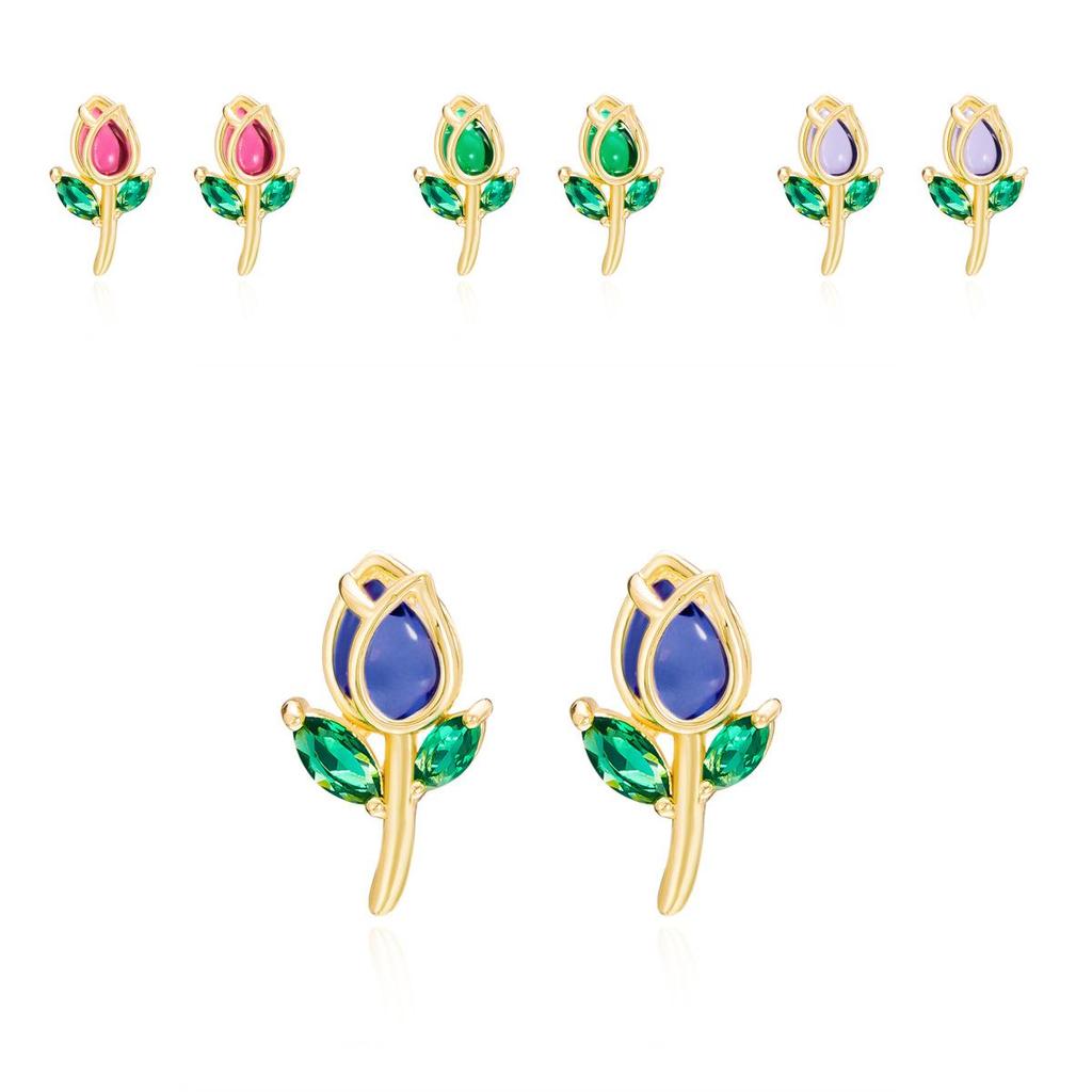 Floral Tulip Stud Earrings For Women Copper Glass Spring Fashion Jewelry