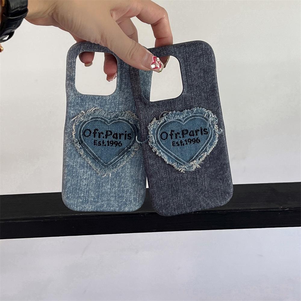 Denim Embroidery Heart Cartoon Phone Case for iPhone 13/12/14/15/16/17 PRO