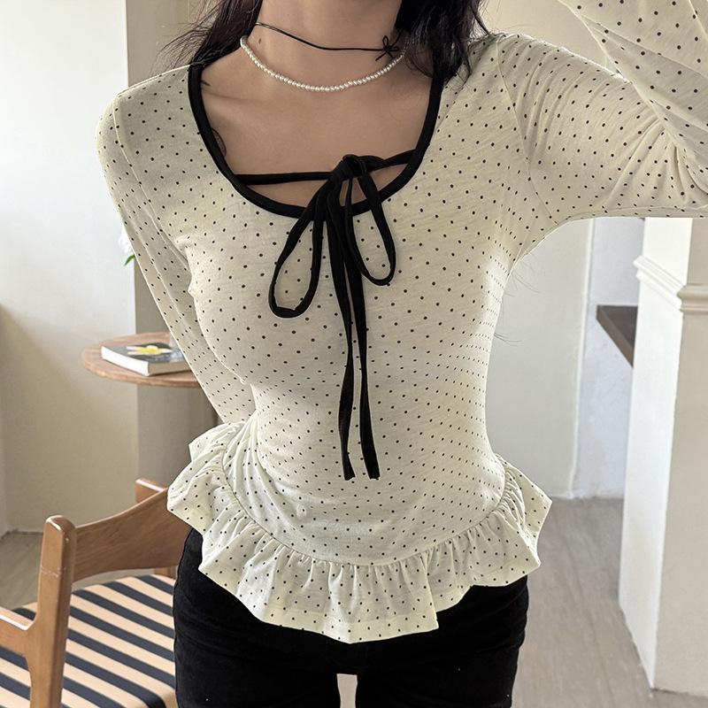 2025 Spring French Style Polka Dot Ruffle Trim Tie-Up Slim Fit Top for Women