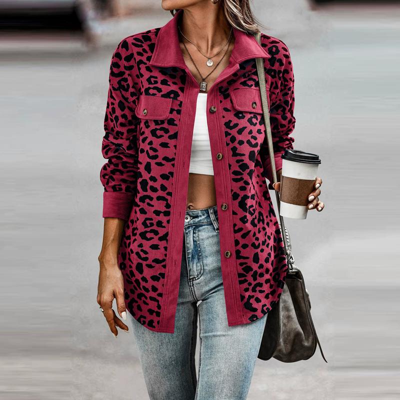 Flip Collar Cardigan Long Sleeved Leopard Printed Coat Women's Button Up High Street Fashion Autumn Jacket