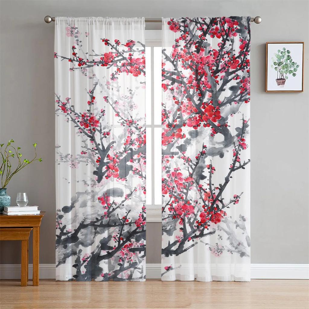Plum Blossom Bird Chinese Style Tulle Translucent Drapes for Living Room Decoration Window Opening Drape for Bedroom Voile Organza Drapes