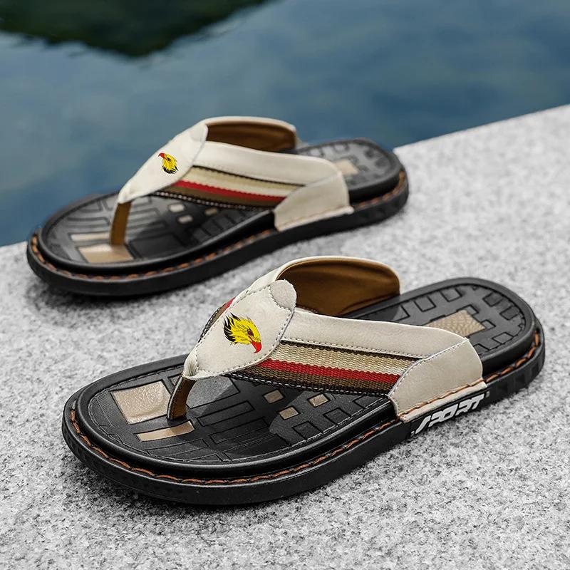 New Men Shoes Genuine Leather Slippers Street Trend Flip-flops Outdoor Cool Beach Shoes