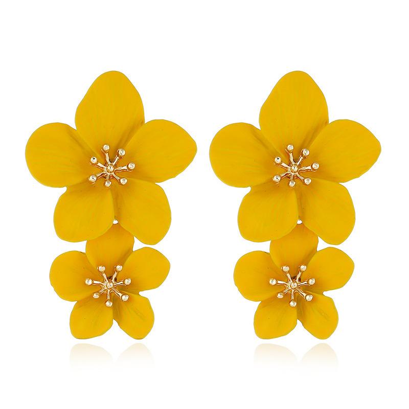 Double Layer Flower Dangle Earrings for Women Trendy Spray Paint Sweet Blooming Petal Drop Earrings White Blue Pink Red Zircon