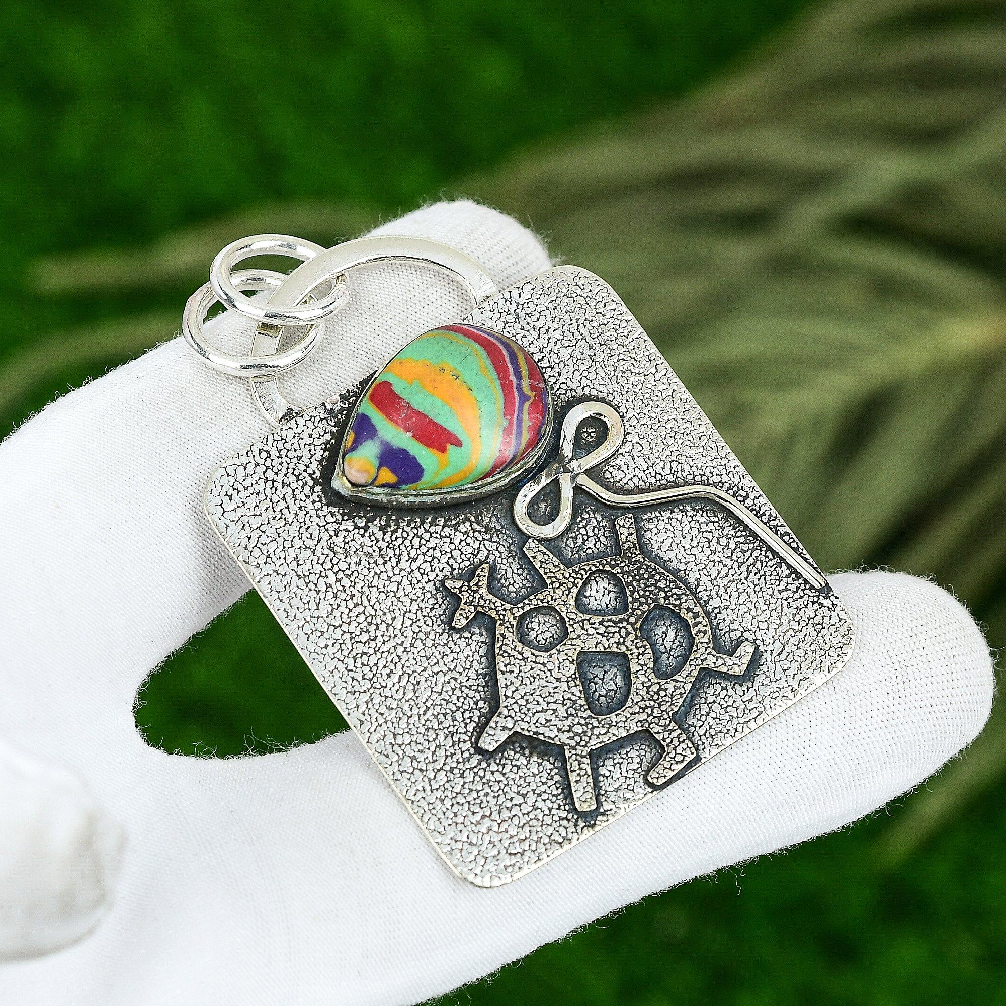 

Friendship Day Deal Rainbow Calsilica Stone Sterling Silver Wedding Wife Pendant