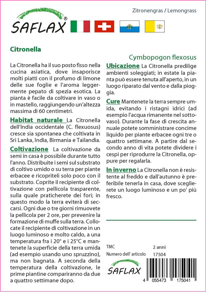 SAFLAX Zitronengras - 50 Samen - Cymbopogon flexosus