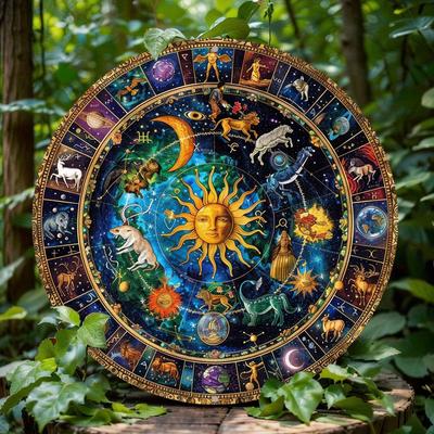 Wheel of The Year Themed Wreath Sign, Astrological Zodiac, Round Wooden Decor Sign for Home, Apartment, Wall Decoration